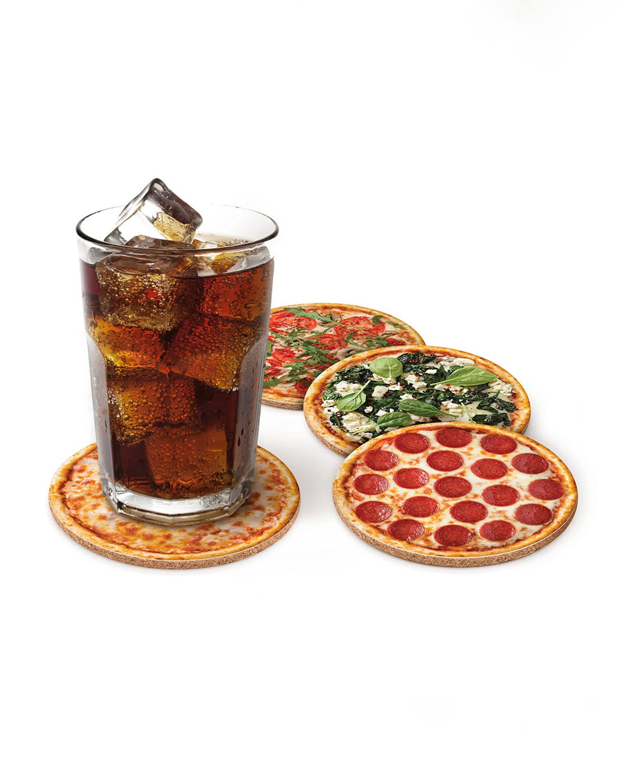 set of 4 pizza printed coasters with a drink on it