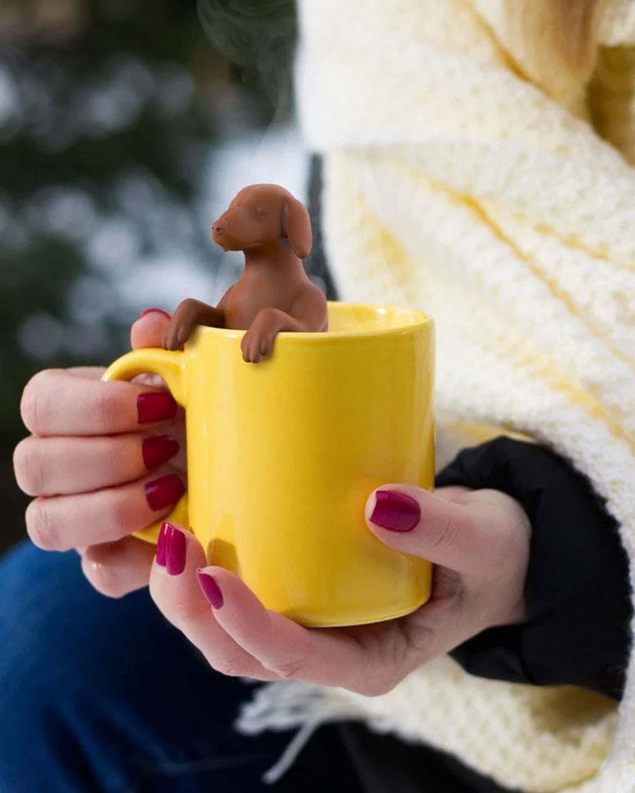 model holding brown dog shaped tea infuser in a cup