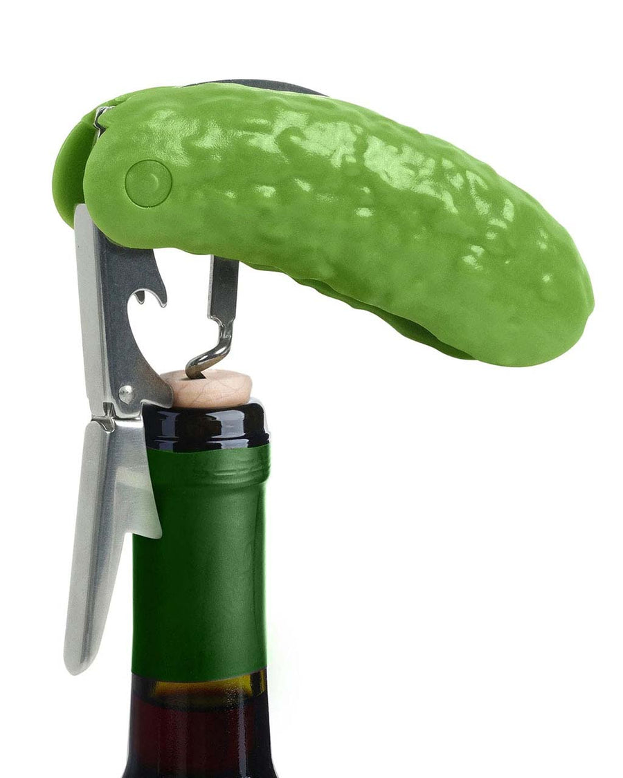 pickle shaped corkscrew on bottle of wine