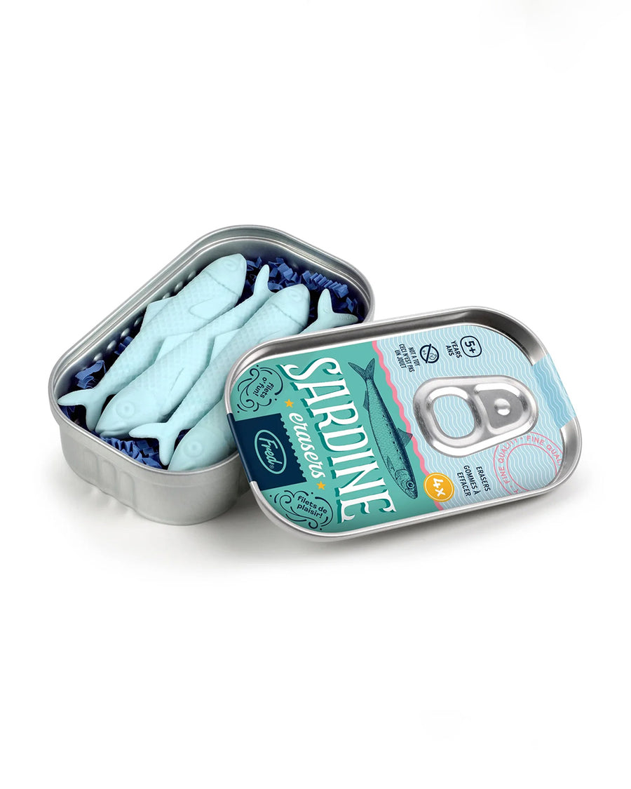 set of 4 blue sardine erasers in a tin