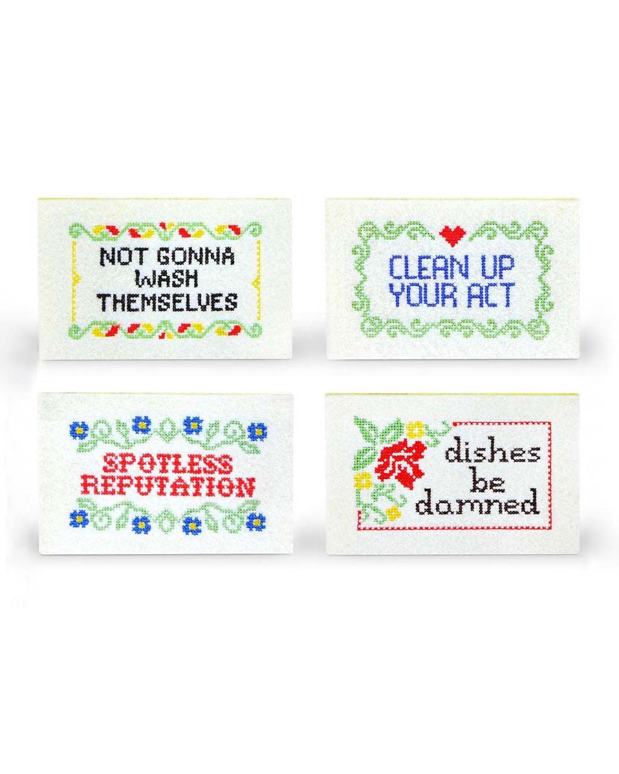 set of 4 embroidered like sponge with sassy sayings on them