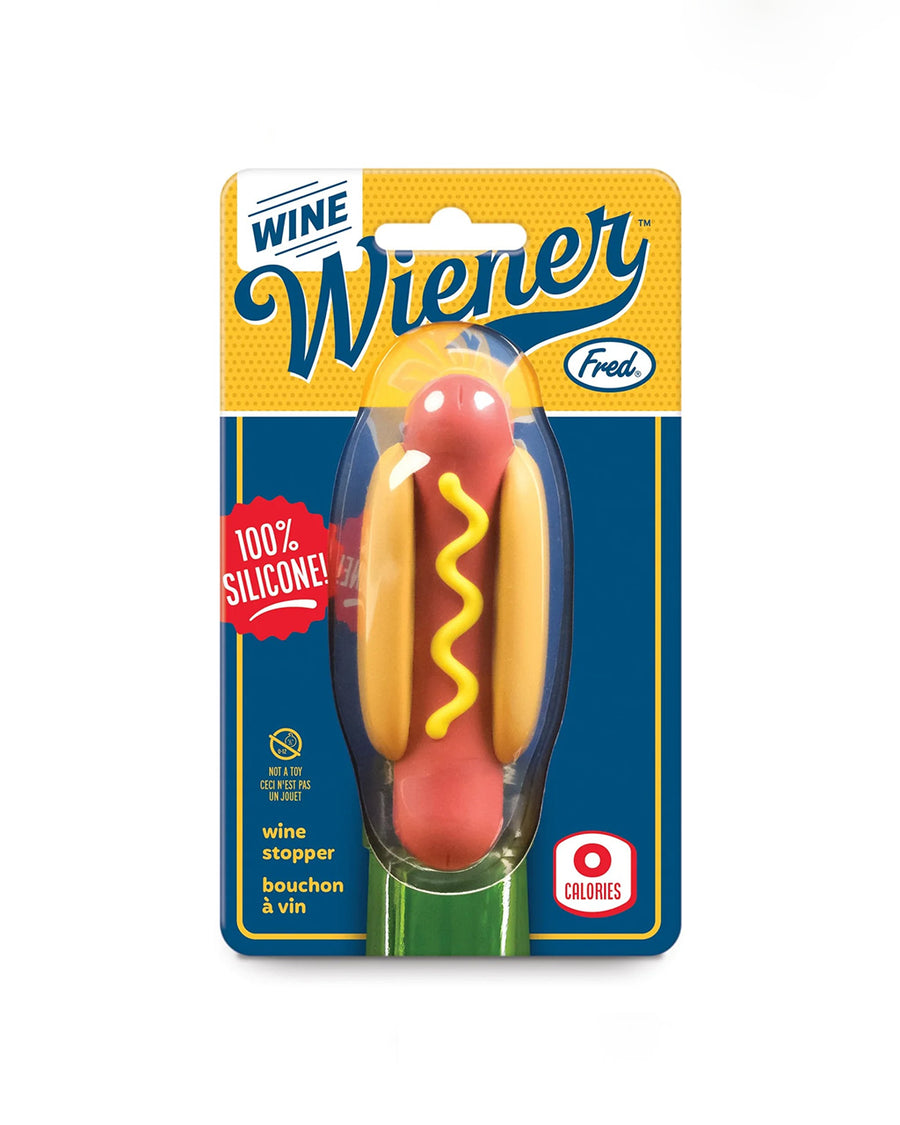 packaged hot dog wine stopper with a squirt of mustard down the center