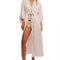 model wearing cream maxi robe with elastic tie waist and red ditsy floral print