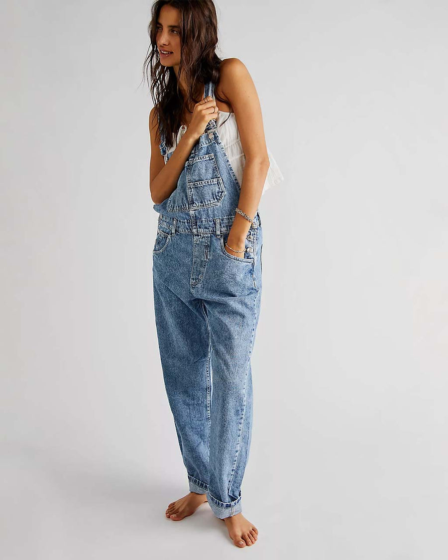 model wearing light acid watch slouchy overalls