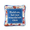 square throw pillow with blue and floral print and 'hold on, let me overthink this' typography across the front