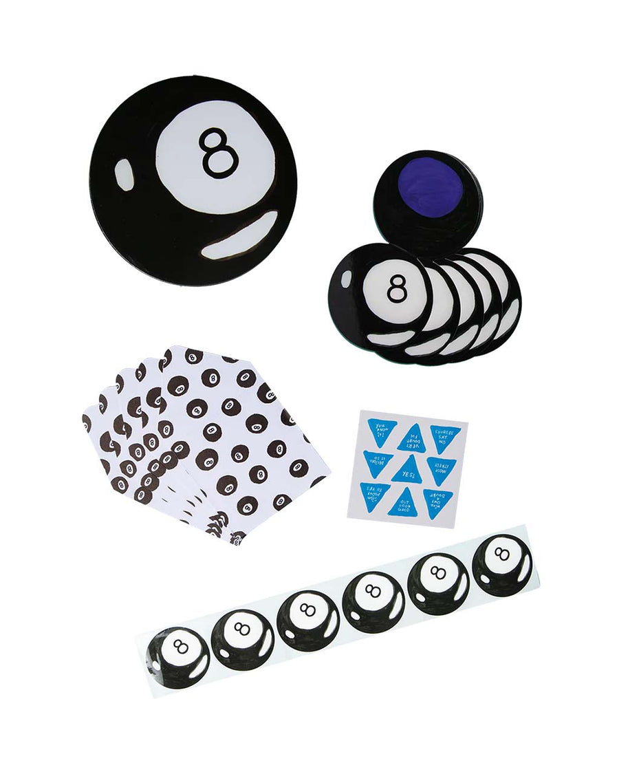 set of 6 round cards includes a sticker sheet of replies, 6 matching envelopes, and 6 stickers to seal them with, all contained within a charming and glossy round box that looks like an 8 ball!