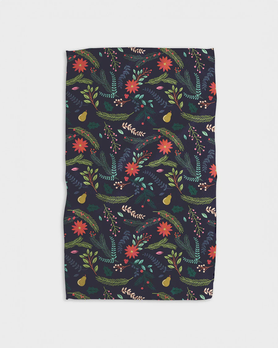 navy tea towel with colorful pear and branch print