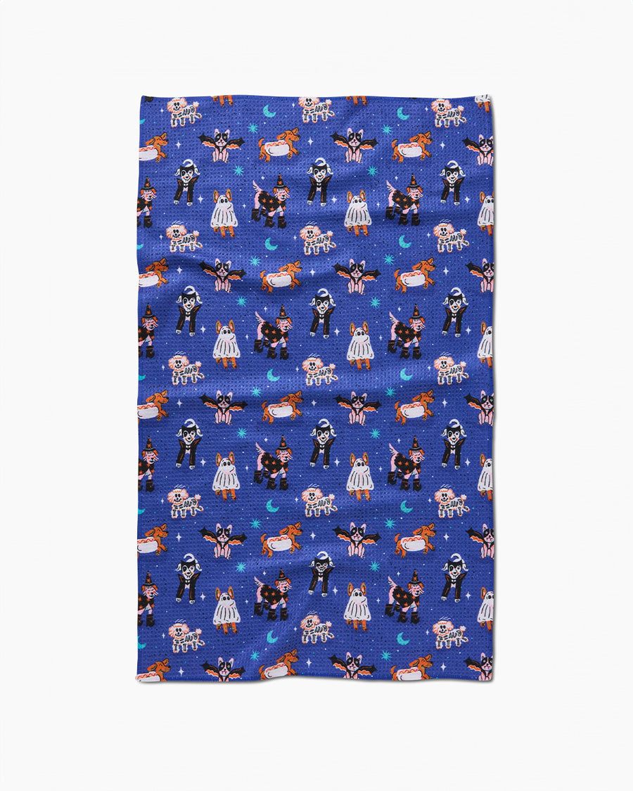 blue tea towel with dogs in costumes print