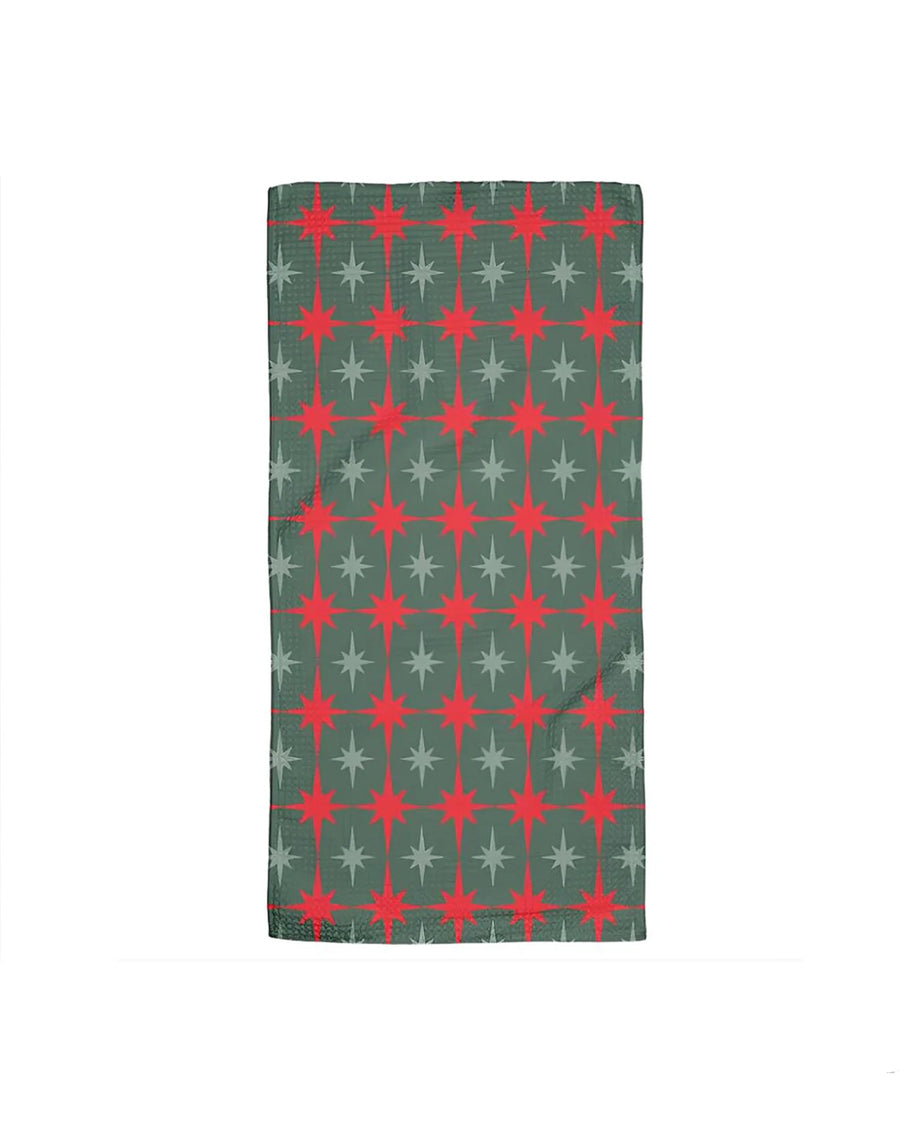 green bar towel with red holiday star print