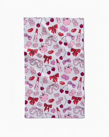 grey tea towel with lip, sunglasses, and cherry print