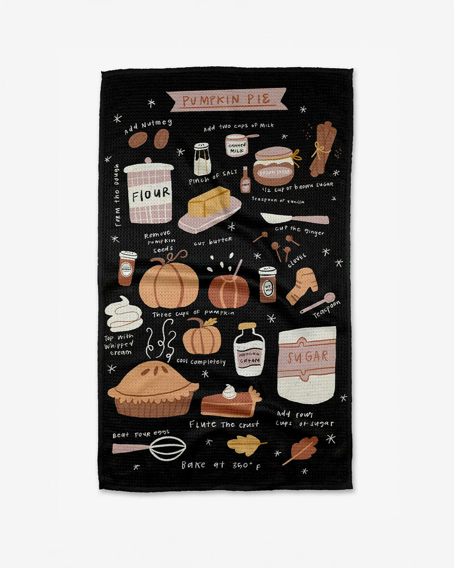 black tea towel with pumpkin pie recipe on it