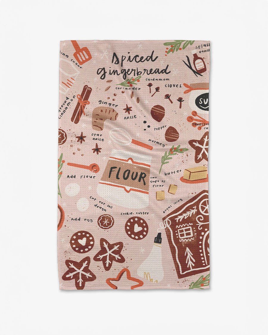 tan tea towel with spiced gingerbread recipe on it