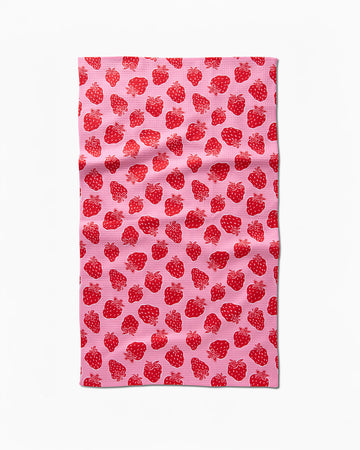 pink tea towel with all over strawberry print