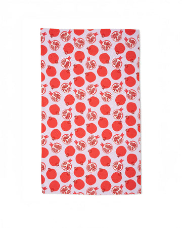 grey teal towel with illustrated pomegranate print