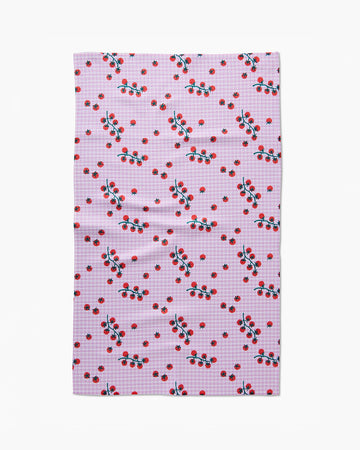 pink gingham tea towel with all over tomato vine print