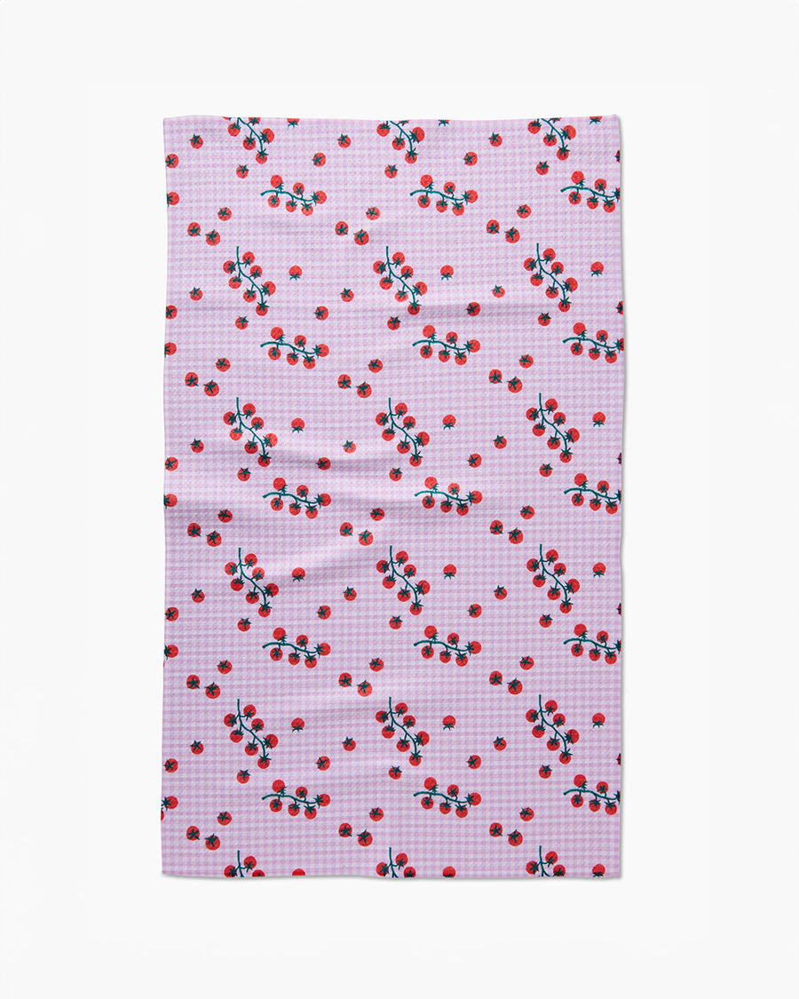 pink gingham tea towel with all over tomato vine print