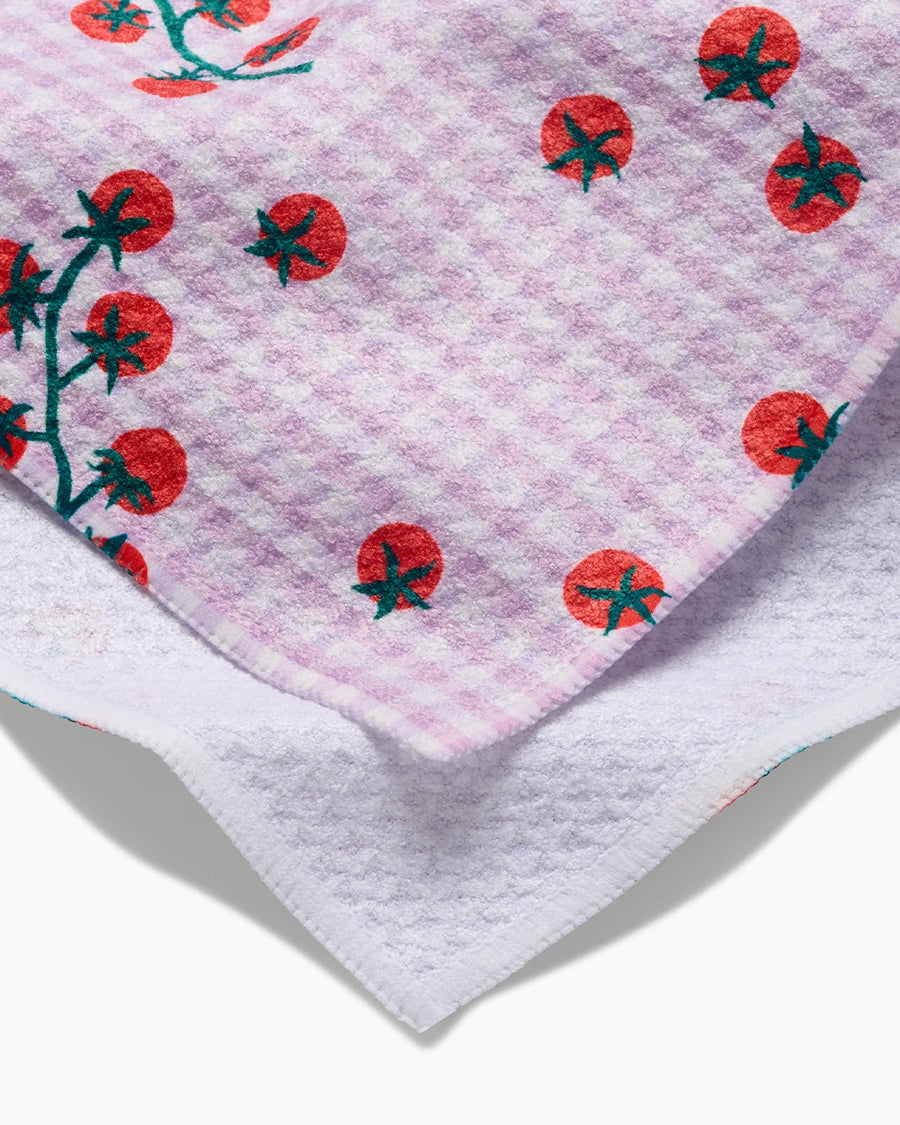 pink gingham tea towel with all over tomato vine print