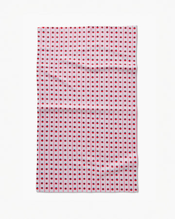 white tea towel with tomato and stripe pattern