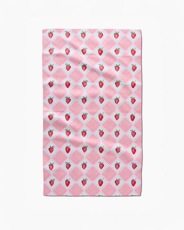 pink and white diamond tea towel with strawberry print