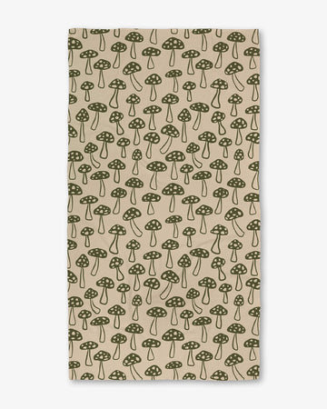 taupe bath towel with green abstract mushroom print