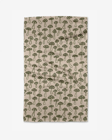 taupe hand towel with green abstract mushroom print