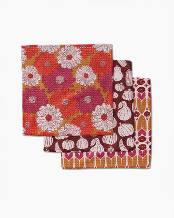 set of three dishcloths: colorful zinnia print, brown pumpkins and autumn colored floral print