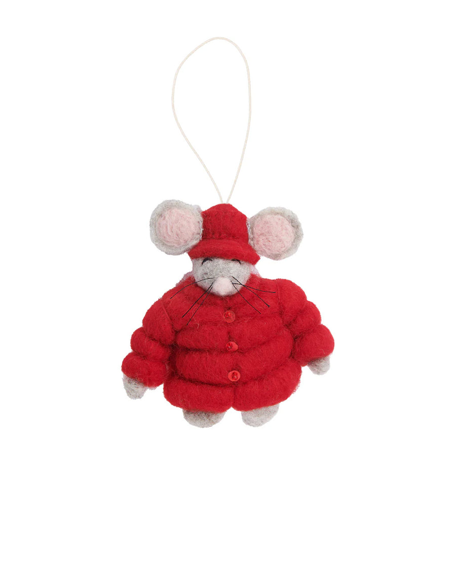 mouse wearing a red puffer coat and hat felt ornament