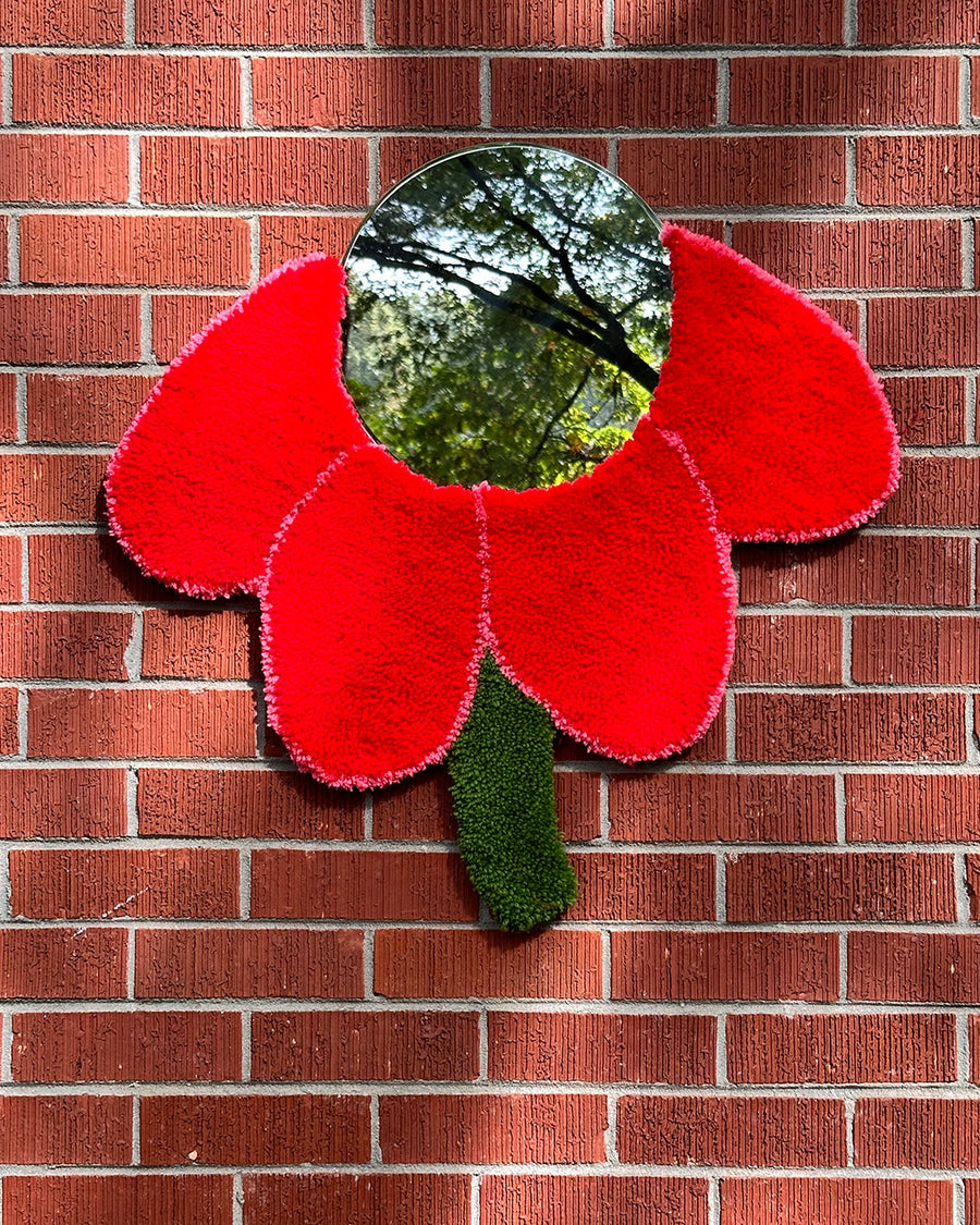 red tufted daisy mirror