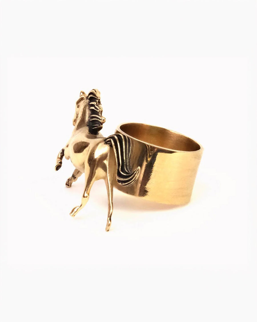 side view of brass horse shaped bandana slide ring