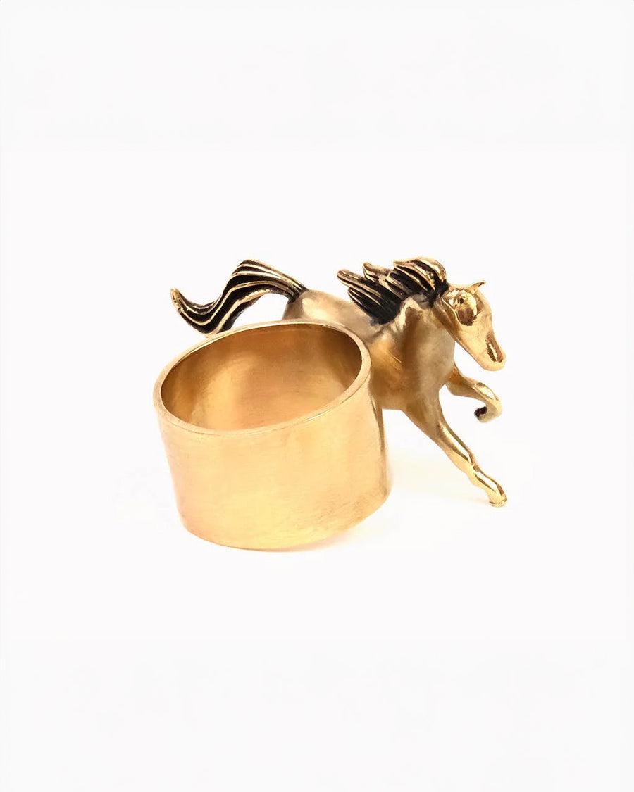 back view of brass horse shaped bandana slide ring