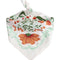 folded and tied white square bandana with rust colored flowers and green leaf print