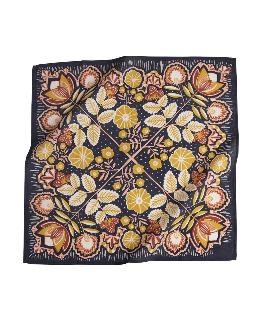 navy square bandana with yellow and mauve boho floral print