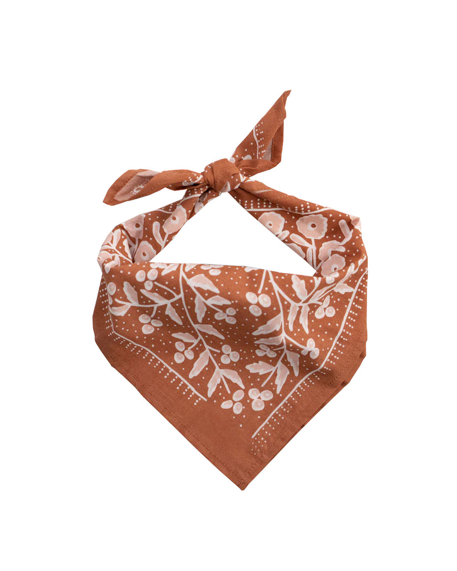 tied terracotta square bandana with light pink floral print