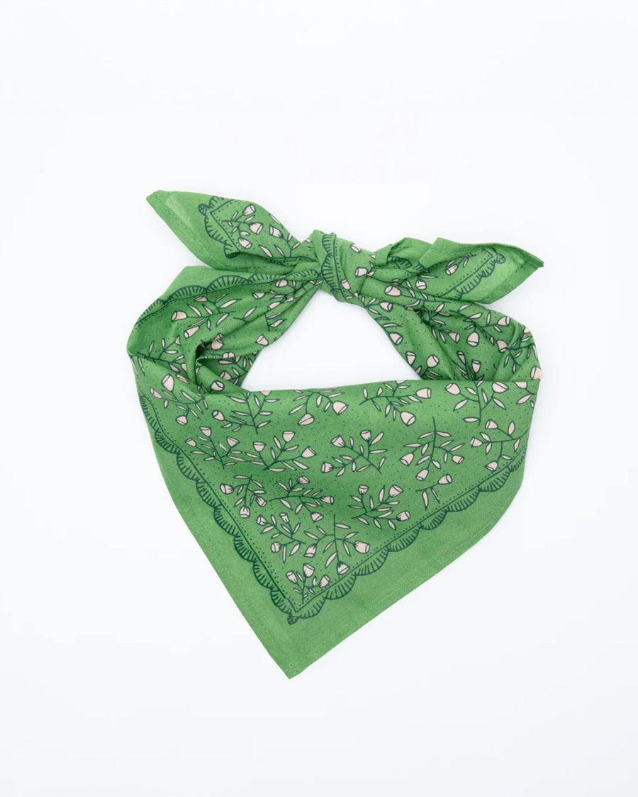 tied kelly green square bandana with dainty white floral print