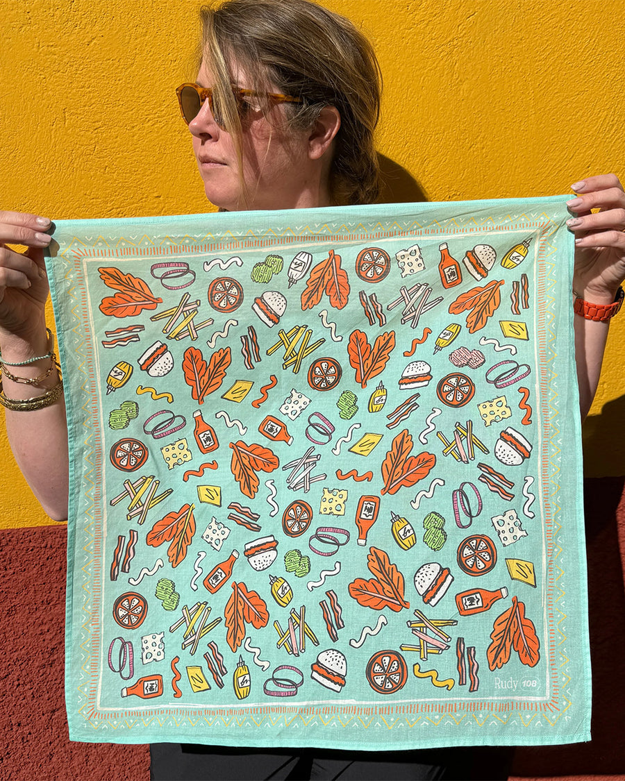 model holding square bandana with various burger and fry print