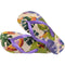 pair of tan flip flops with abstract parrot print