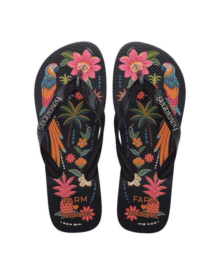 black flip flops with colorful abstract floral and parrot print