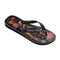 side view of black flip flops with colorful abstract floral and parrot print