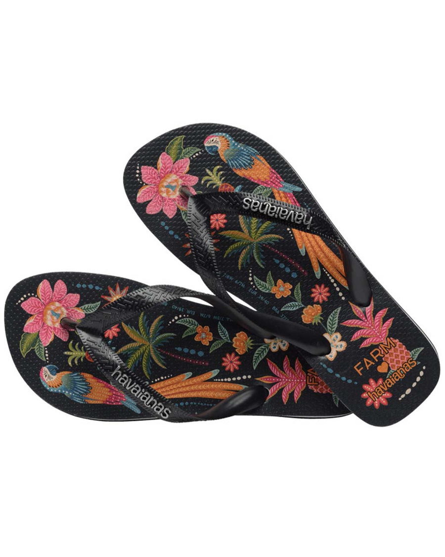 pair of black flip flops with colorful abstract floral and parrot print