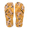 tan flips flops with abstract spotted banana pattern
