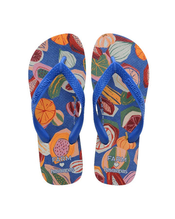 blue flip flops with abstract fruit print