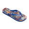 side view of blue flip flops with abstract fruit print