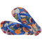 pair of blue flip flops with abstract fruit print