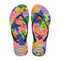pair of colorful neon floral print flip flops with navy thin straps