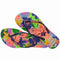 pair of colorful neon floral print flip flops with navy thin straps