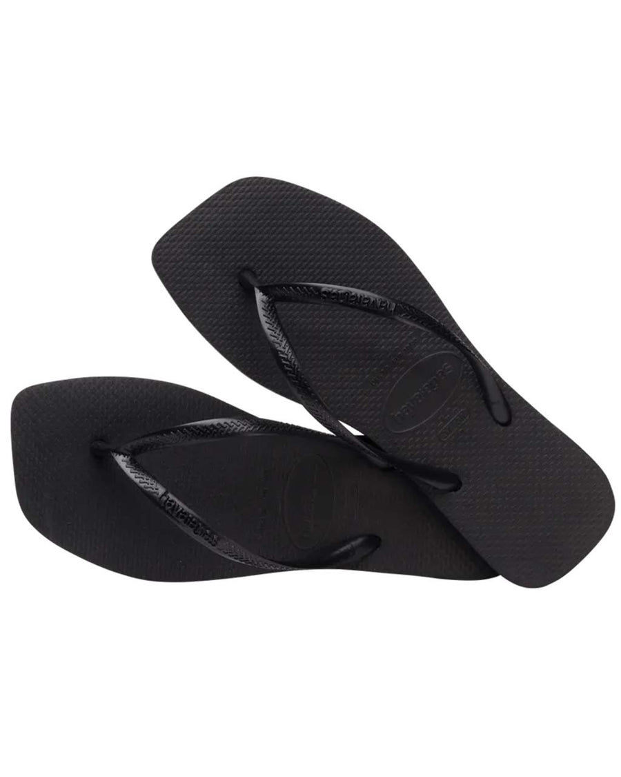 top view of black square toe flip flop sandals