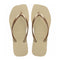 tan square toed flip flops with metallic champagne thin straps