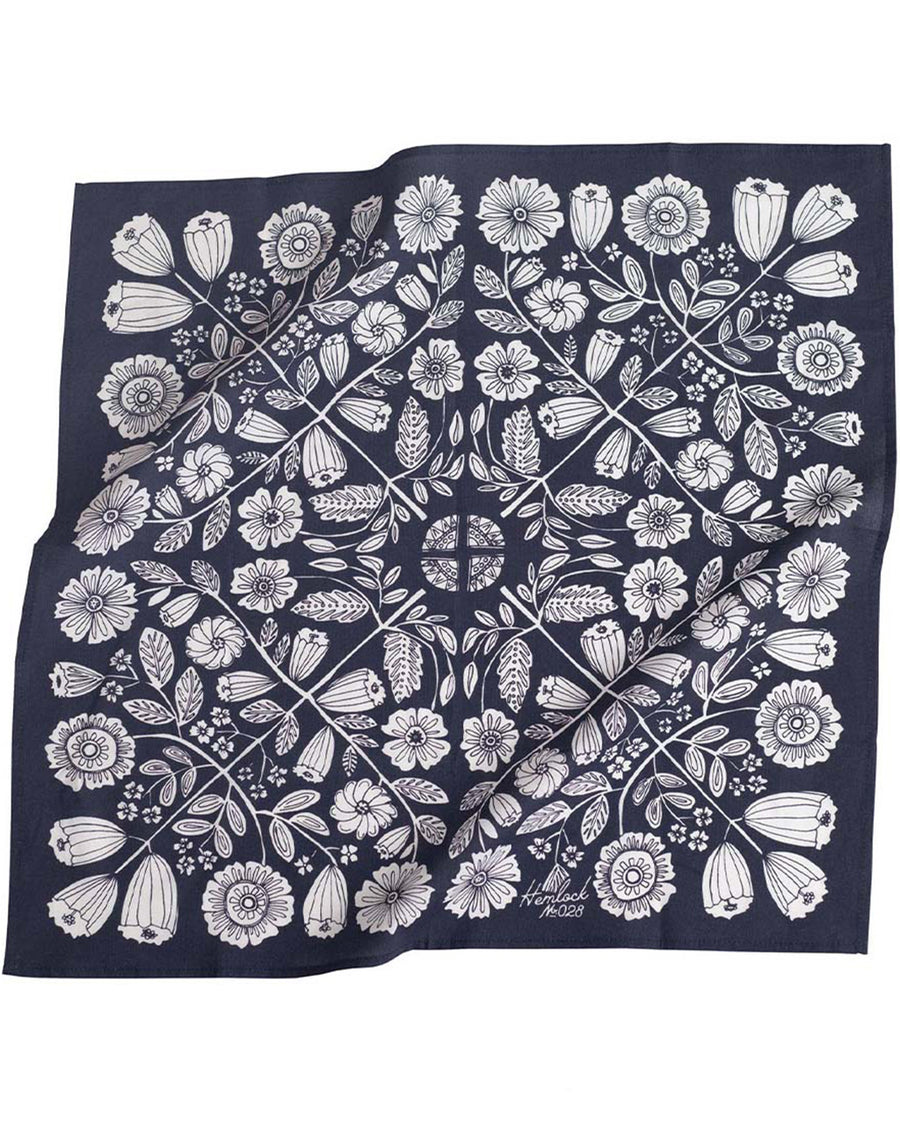 navy square bandana with white floral print