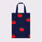 blue tote bag with all over tomato print