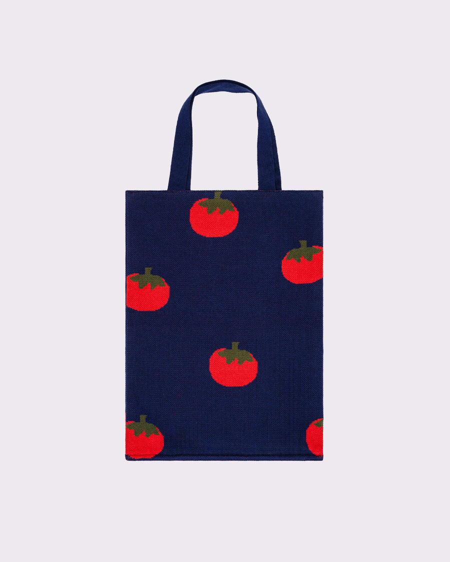 blue tote bag with all over tomato print